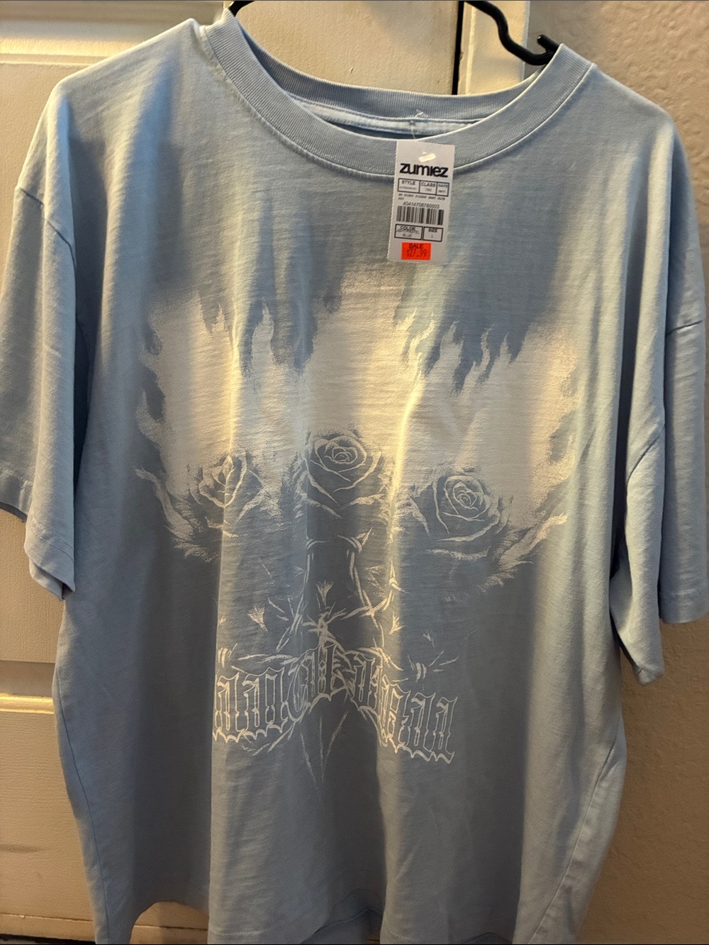 Zumiez Light Blue Short Sleeve Tee with White Flame & Rose Graphic
